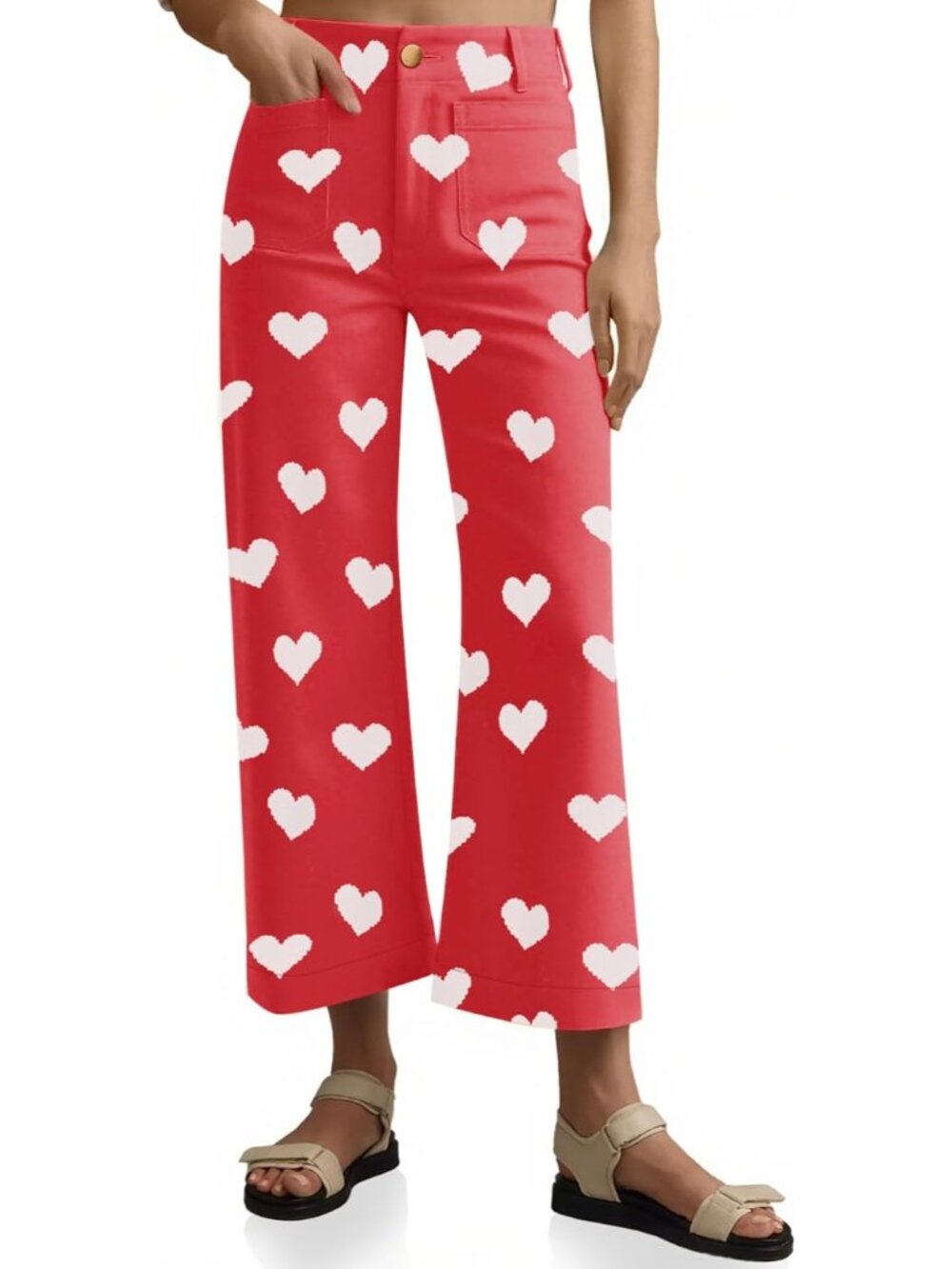 Women's Heart Red Cropped Striped Jeans High Waisted Wide Leg Denim Pants